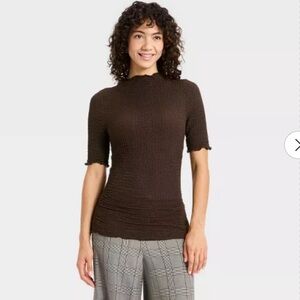 Women's Short Sleeve Mock Neck Textured Top - A New Day™ Brown